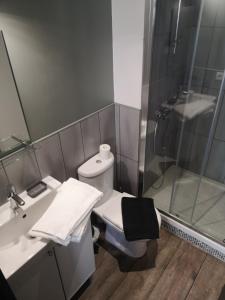 La salle de bains est pourvue d'une douche, de toilettes et d'un lavabo. dans l'établissement La Compagnie des 5 Mondes, à Saint-Nazaire