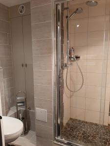 un bagno con doccia, wc e lavandino di Studio rénové, calme avec Terrasse S-O, prestations de qualité - Résidence Les Adraits a Les Rousses