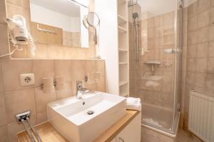 a bathroom with a sink and a shower at Lueg Naus in Bad Hindelang