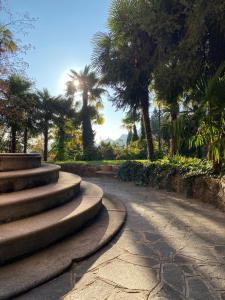un sentiero in pietra con palme e palme di Villa Liberty a Como