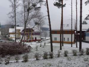 un cortile coperto di neve con un edificio e alberi di RIVIERA 510-2 Lipno a Lipno nad Vltavou