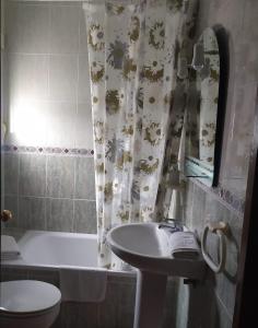 baño con lavabo y cortina de ducha en Hostal Andalucia, en Arcos de la Frontera