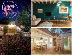a collage of three pictures of a living room at GMOAHOUSE in Oggau
