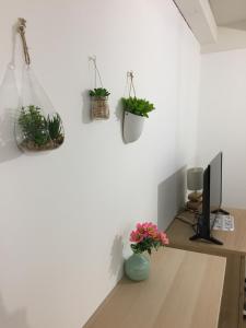 Cette chambre comprend un bureau avec un ordinateur et des plantes en pot. dans l'établissement La Fauconnerie Studio de charme au cœur d'Orléans, à Orléans