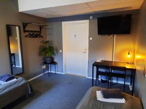 Pokój z sypialnią z biurkiem i telewizorem w obiekcie Vandrarhem Uppsala - Portalgatan w mieście Uppsala
