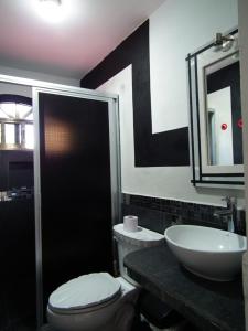 een badkamer met een toilet, een wastafel en een spiegel bij posada yaxche in Xul-Ha