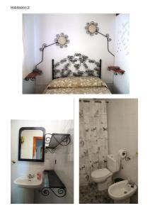 twee foto's van een badkamer met een bed en een wastafel bij Casa Proyecto Pepe Bravo - Arte de manos y corazón in Alozaina
