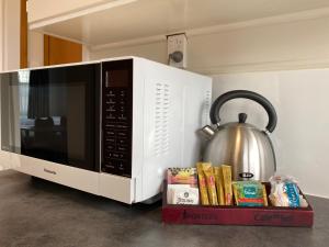 un horno microondas con tetera y libros en Ulster Apartments, en Hamilton