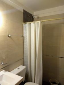La salle de bains est pourvue de toilettes et d'un rideau de douche. dans l'établissement Apartamento Libra 6, à Villa Gesell