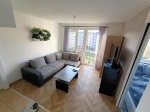 a living room with a couch and a tv at Perfekt place in Oświęcim