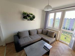 a living room with a couch and a table at Perfekt place in Oświęcim