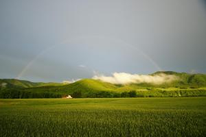 un arcobaleno su un campo verde con una casa sullo sfondo di Farm Stay Ezura Farm a Engaru