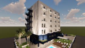 una ricostruzione di un edificio alberghiero con piscina di Hotel Biancamano a Rimini