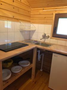 a kitchen with a sink and plates on a counter at Domki "Na Dworskiej" Polańczyk 696-025-331 in Polańczyk