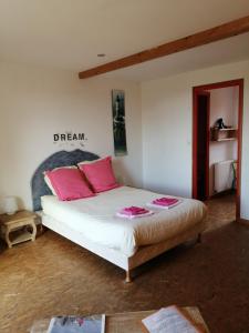 a bedroom with a bed with pink pillows on it at Les Hortensias GR 34 - Chambres d'Hôtes in Trévou-Tréguignec