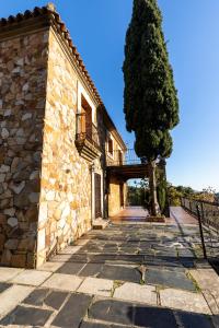 Casa Rural El Abeto في Torre de Don Miguel: شجرة بجانب مبنى حجري مع جسر