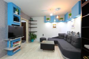 ein Wohnzimmer mit einem Sofa und einem TV in der Unterkunft Apartmán 77 in Loučná nad Desnou
