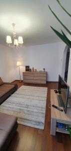 a living room with a couch and a table and a television at Apartament Chaplins 3 camere in Piatra Neamţ