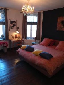 ein Schlafzimmer mit einem großen Bett mit Kissen darauf in der Unterkunft L'ancienne Boulangerie in Durbuy