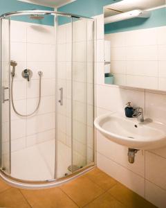 een badkamer met een douche en een wastafel bij Elegant Apartment Naschmarkt in Wenen