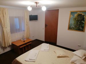 シナイアにあるNew Aosta Gardenのベッド2台とテーブルが備わるホテルルームです。