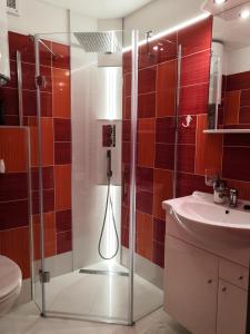 W łazience znajduje się szklana kabina prysznicowa i umywalka. w obiekcie Vila Anna w mieście Dolný Smokovec