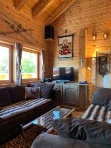 a living room with couches and a tv in a log cabin at Bogi Hütte -Falkert in Patergassen
