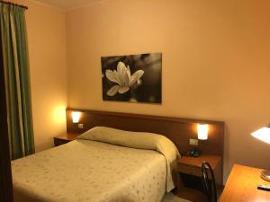 1 dormitorio con 1 cama y una flor en la pared en Hotel Paradiso, en Milán