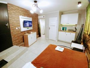 a room with a bed and a kitchen in it at Apartamenty w Puszczy in Augustów
