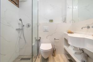 a bathroom with a shower and a toilet and a sink at Lagomandra Hotel and Spa in Lagomandra