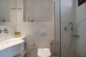 a bathroom with a shower and a toilet and a sink at Lagomandra Hotel and Spa in Lagomandra