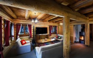 salon z kanapą i telewizorem w drewnianym domku w obiekcie High Tatras Chalet w Szczyrbskim Plesie
