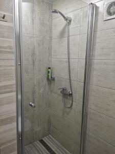 W łazience znajduje się prysznic ze szklanymi drzwiami. w obiekcie НОВАЯ КВАРТИРА на пр. Соборном возле ЗНУ w mieście Zaporoże