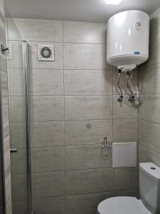 a bathroom with a shower stall and a toilet at НОВАЯ КВАРТИРА на пр. Соборном возле ЗНУ in Zaporozhye