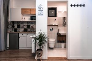 a small kitchen with a potted plant in a room at Puzzle Apartaments&Studios in Craiova