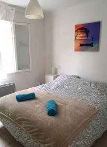 een slaapkamer met een bed met blauwe kussens erop bij VILLA EN CAMPAGNE POUR 8 PERS AVEC PISCINE PARC CLOTURE in La Capelle-et-Masmolène