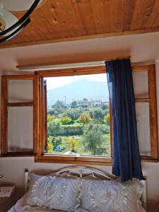 a bedroom window with a view of a bed at Goldy's Villa in Roussospítion