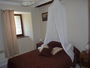 a bedroom with a bed with a mosquito net at Gîte La Maison du Meunier in Montredon-Labessonnié