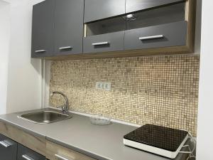 a kitchen counter with a sink and a microwave at Sea Studio in Constanţa