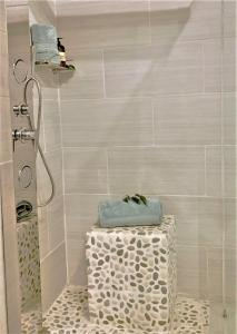 uma casa de banho com um chuveiro com um banco e um toalheiro. em iKhaya LamaDube Game Lodge em Klipdrift