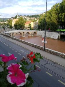 uma vista para um rio com uma ponte e flores cor-de-rosa em Studio Park em Sarajevo