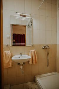 a bathroom with a sink and a mirror and a tub at Sobe Anita in Vukovar