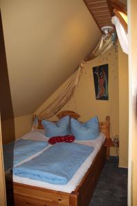 a bedroom with a bed with blue pillows at Fewo Schillings in Kodersdorf