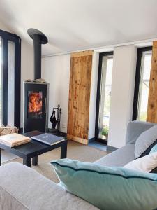 sala de estar con chimenea y sofá en La Petite Grange, en Villars-sur-Ollon