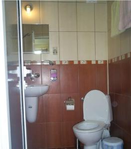 La salle de bains est pourvue de toilettes et d'un lavabo. dans l'établissement Guest House Antoaneta, à Nessebar