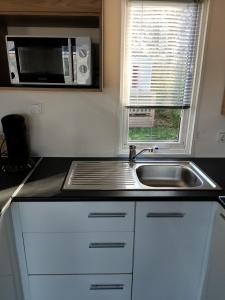 eine Küche mit einer Spüle und einer Mikrowelle in der Unterkunft Holiday in Renesse in Renesse