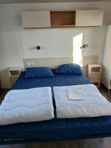 um quarto com 2 camas com lençóis azuis e brancos em Holiday in Renesse em Renesse