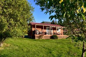 a log cabin with a porch on a green lawn at Maydena Mountain Cabins in Maydena