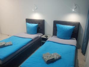 2 Betten in einem Zimmer mit blauer Bettwäsche und blauen Kissen in der Unterkunft Апартаменты Weekend Inn in Uschhorod