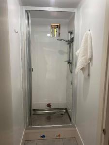 a shower with a glass door in a bathroom at Arden Country House BnB - Entire house to yourself -peace in the country in Dunedin